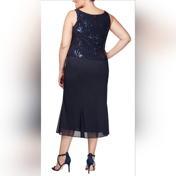 Alex Evenings Plus Tea-Length Firework Sequin Dress Size 20 W NWT Navy Blue - Picture 3 of 12
